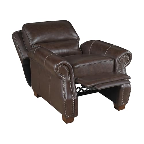 Lexicon Push Back Reclining Chair, Top Grain Leather Match Push Back Recliner Chair with Nailhead Trim, Rolled Arms, Solid Wood Legs, for Living Room/Apartment/Office, Easy Assembly, Brown