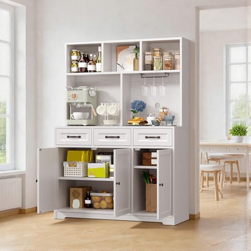 Gizoon Kitchen Pantry Cabinet with Microwave Shelf 60.2" Tall Coffee Bar Cabinet with Storage Kitchen Hutch with Countertop for Dining Room and Craft Room, White Gizoon