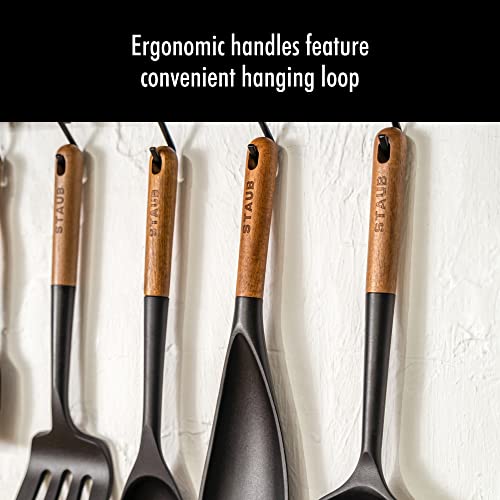STAUB Silicone Spatula Turner, Perfectly Angled for Lifting Pancakes, Sandwiches and Picking up Veggies Durable BPA-Free Matte Black Silicone, Acacia Wood Handles, Safe for Nonstick Cooking Surfaces STAUB