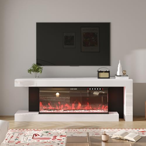 TAMUNE 66.9” Fireplace TV Stand with 40” Electric Fireplace, LED Lights, High Gloss TV Media Console Table, Glossy Entertainment Center for Living Room, White and Black, 13.8”D x 66.9”W x 23.6”H TAMUNE
