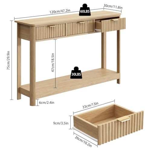 RUSTOWN Fluted Wood Console Table with 3 Drawers, Boho Narrow Behind Couch Entryway Table with Open Storage Shelf, Modern Sofa Table for Living Room, Foyer and Hallway (Natural Wood) RUSTOWN
