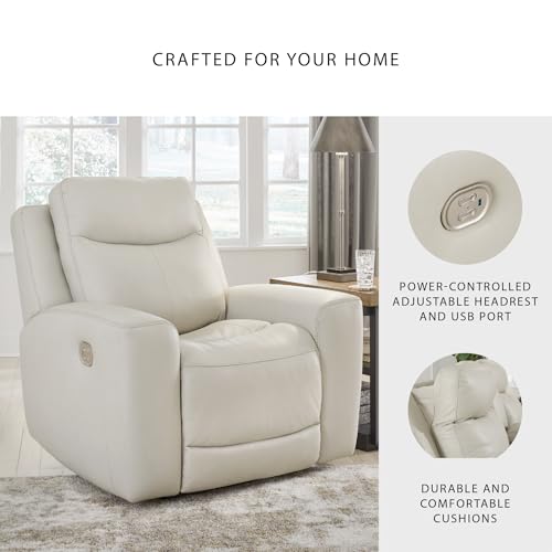 Signature Design by Ashley Mindanao Contemporary Leather Match Upholstered Power Recliner with Adjustable Headrest and USB Ports, Light Gray Signature Design by Ashley