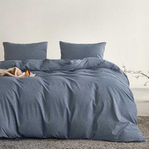 Wake In Cloud - Cotton Duvet Cover Set, Full Size, Chambray Denim Blue, 100% Washed Cotton, Linen Like Textured, Breathable Percale Durable Comfy Farmhouse Neutral Bedding Set, 3 Pieces Wake In Cloud