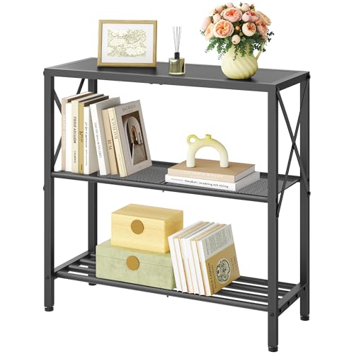 Hoctieon Industrial Console Table, 3-Tier Entryway Table, Metal Frame, Sofa Tables with Shelf, Hallway Desk, Entrance Desk for Entryway, Living Room, Foyer, Hallway, Black Hoctieon