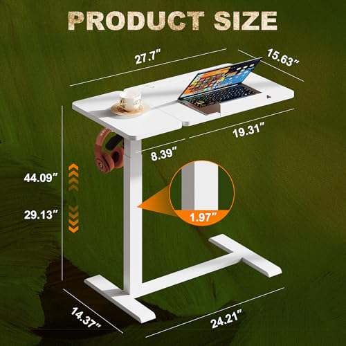 EKNKOZY Standing Desk, Medical Overbed Table with Rolling Tray, Dual Pneumatic Angle and Height Adjustable Desk, Portable Side Table with Hidden Wheels, Home & Hospital Use, White EKNKOZY