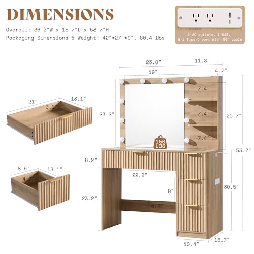 AMERLIFE 36.2" Fluted Vanity Desk with Mirror and Adjustable LED Lights, Large 4 Drawers Makeup Table with Glass Top and Charging Station for Women and Girls, Bedroom or Dorm, Natural Oak AMERLIFE