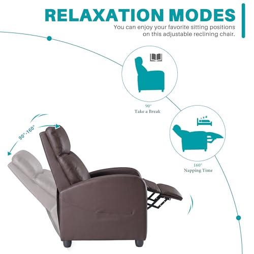 Sweetcrispy Recliner Chair PU Leather Recliner Sofa No Massage, Home Theater Seating with Lumbar Support, Adjustable Push Back Overstuffed High-Density Sponge Reclining for Living Room, Brown