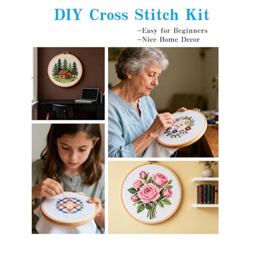 DIY Cross Stitch Kits Black Bear in Flowers Easy for Beginners 11CT Stamped Counted Cross Stitch with Hoop Needlepoint Embroidery Set Craft Wall Decor 20x20cm