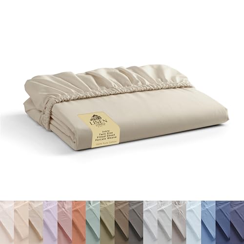 Linen Home 100% Cotton Percale Weave Fitted Sheet, Twin Size, Ivory, 1 Deep Pocket Fitted Sheet, Fits Mattress Upto 16" Crisp and Cool Strong Bed Linen, 39"X75"+15" Linen Home