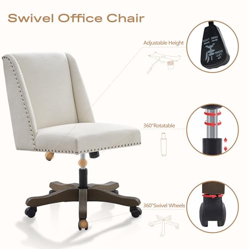 Zihanhome Armless Upholstered Office Chair with Wooden Legs, Modern Criss Cross Adjustable Home Office Desk Chair No Arms Sewing Chair Swivel Chair for Women Farmhouse Study Studio (Beige) Zihanhome