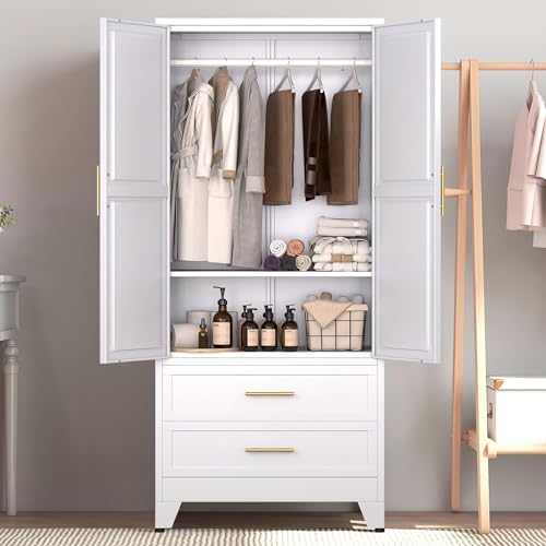 Anewome 71" Metal Armoire Wardrobe Closet with 2 Drawers, Freestanding 2-Door Tall Clothing Storage with Adjustable Shelves and Hanging Rod for Bedroom Dorm, White Anewome