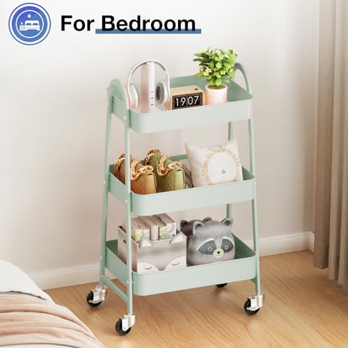 DUMOS 3 Tier Metal Rolling Storage Cart with Lockable Wheels, Mobile Shelving Unit Utility Rolling Organizer for Office, Bathroom, Kitchen, Laundry Room & Narrow Places, Green DUMOS