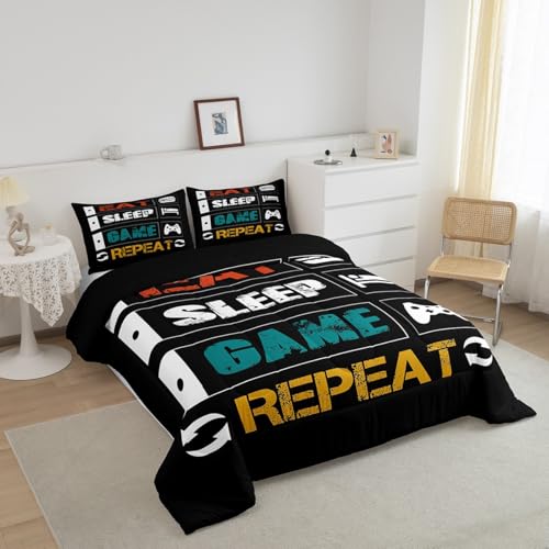 Boys Gaming Comforter Sets for Kids Twin Size Gamer Bedding Set Teens Video Games Comforter Duvet Room Decor Funny Creative Eat Sleep Game Repeat Design Reversible Inner Fill Quilt Set All Season Feelyou