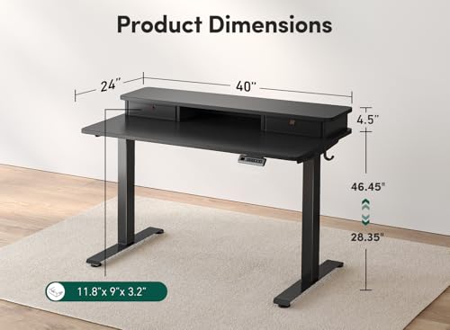 FEZIBO 40 x 24 Inch Height Adjustable Electric Standing Desk with Double Drawer, Computer Desk, Home Office Stand Up Table with 4 Height-Adjustable Feets & 2 Hooks, Black FEZIBO