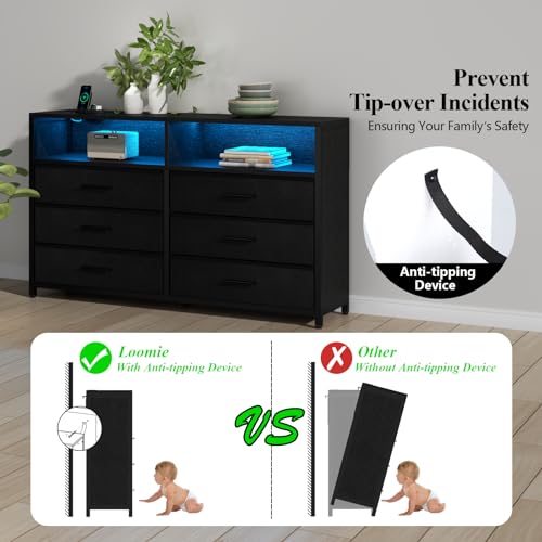 Loomie 6 Drawers Dresser with Power Outlets and LED Lights, Black Dresser with 2 Top Cubby, Tall Wide Fabric Double Chest of Drawers,Modern Dresser Tv Stand for up to 60" TV for Bedroom, Living Room Loomie