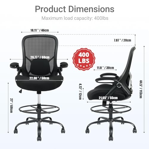 HYLONE 400lbs Big and Tall Heavy Duty Drafting Chair 5" Thickened Seat Tall Office Chair Flip-Up Armrests Ergonomic Chair with Lumbar Support and Adjustable Footrest Ring Standing Desk Chair (Black) HYLONE