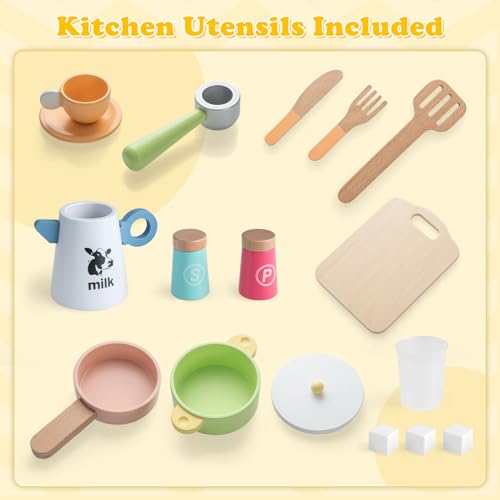 INFANS Kids Kitchen Playset, Cooking Toy Kitchen Set with Coffee Machine Stove Removable Sink Microwave Storage Cabinet, Simulation Wooden Play Kitchen for Toddler Boys Girls (Cream White) INFANS