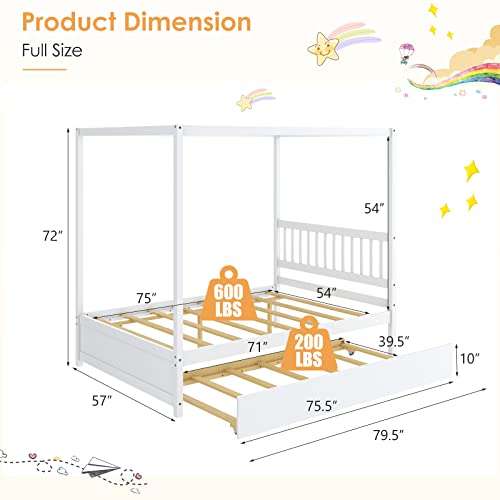 Giantex White Canopy Bed with Trundle - Stylish Solid Wood Full Size Frame for Kids Giantex