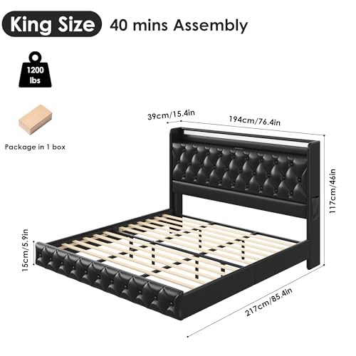 Keyluv King Floating Bed Frame with LED Lights & Charging Station, Upholstered PU Leather Platform Bed with Button Tufted Storage Headboard, No Box Spring Needed, Noise-Free, Easy Assembly, Black Keyluv