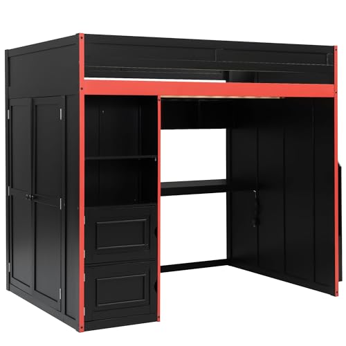 SOFTSEA Full Size Gaming Loft Bed with Desk & Storage Stairs, Solid Wood Loft Bed with LED Lights, Wardrobe and Shelves, Space-Saving Gaming Bed for Kids Teens Adults, Black + Red SOFTSEA