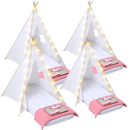 Windyun 4 Pack Kids Teepee Tent for Slumber Party with Mattress and Lights, Sleepover Tents for Girls Boys Indoor Outdoor Cotton Teepee with Airbed Tray Blanket Birthday Party Supplies(White) Windyun