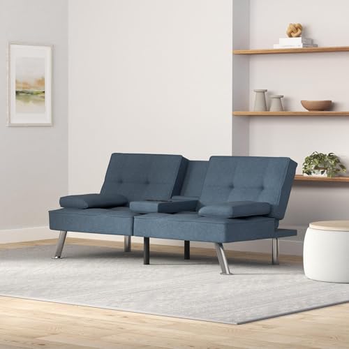 Best Choice Products Linen Modern Folding Futon, Reclining Sofa Bed for Apartment, Dorm w/Removable Armrests, 2 Cupholders - Blue Best Choice Products