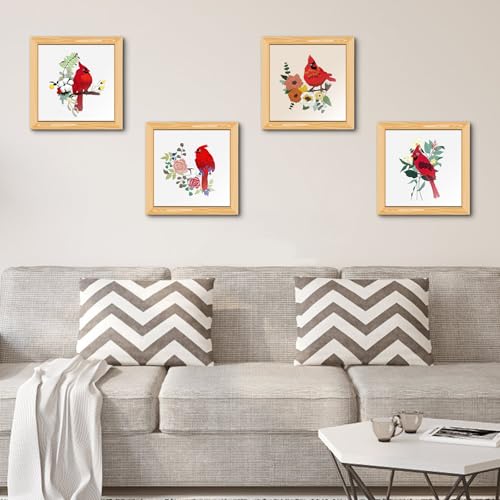 ERKOON 4 Sets Embroidery Kit, Animal Cross Stitch Set for Include Embroidery Cloth Hoops Threads for Craft Lover Hand Stitch (Cardinal)