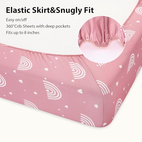 FIEMOL Baby Crib Sheets Girl, 3 Pack Toddler Bed Sheets Fitted for 52”x28” Standard Crib and Toddler Mattresses, Super Soft Microfiber Pink Rainbow FIEMOL