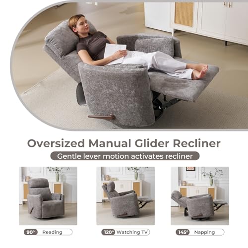Oversized Swivel Rocker Recliner with Massage and Heat, Swivel Nursery Recliner With Adjustable Headrest, Manual Rocker Recliner Chair with Two Removable Pillows, Rocking Nursery Chair, Dark Grey