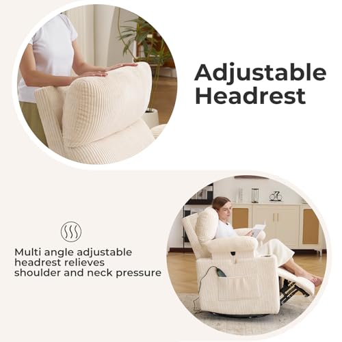 Oversized Power Recliner Chair Swivel Glider with Massage and Heat, Swivel Rocker Recliner with Adjustable Armrests, Nursery Chair with Adjustable Headrest, Rocker Nursery Recliner, Corduroy Beige