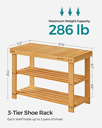 SONGMICS Shoe Rack Bench, 3-Tier Bamboo Shoe Storage Organizer, Entryway Bench, Holds Up to 286 lb, 11.3 x 27.6 x 17.8 Inches, for Entryway Bathroom Bedroom, Natural ULBS04N SONGMICS