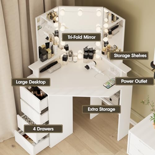 Fameill Corner Vanity Desk with Mirror and Lights, Makeup Vanity Table with Charging Station, Corner Vanity with 4 Drawers and Shelves, 3 Lighting Modes, Brightness Adjustable, for Women Girls Fameill