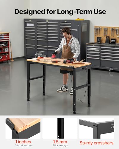VEVOR Adjustable Workbench, 2000 lbs Capacity, 48 x 20-inch Heavy Duty Work Bench with 28.5-38.3 Inches Height Adjustment, Garage Workbench with Power Outlets, Suitable for Office, Garage, Workshop VEVOR