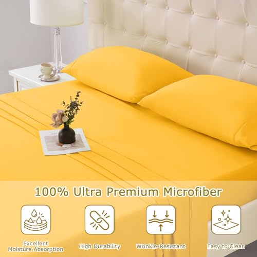 Homilay Queen Size Bed Sheet Set - 4 Piece Soft Microfiber Sheets with Deep Pockets, Cooling Technology, and Wrinkle-Free Pillowcase. Hotel-Quality, Durable Bedding, Spectra Yellow Homilay