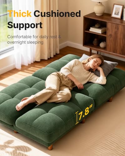 AMADA HOMEFURNISHING 65" Futon Sofa Bed, Convertible Futon Couch with Adjustable Backrest, Ergonomic Recliner Sleeper Sofa with Corduroy Fabric for Living Room, Office, Guest Room (Green) AMADA HOMEFURNISHING
