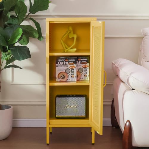 Slim Metal Storage Cabinet with Mesh Doors - 42'' Tall Narrow Organizer Tower, Compact Freestanding Cabinet, Versatile Utility Storage for Home, Office, Kitchen, Living Room, Durable and Modern Design ALBAD