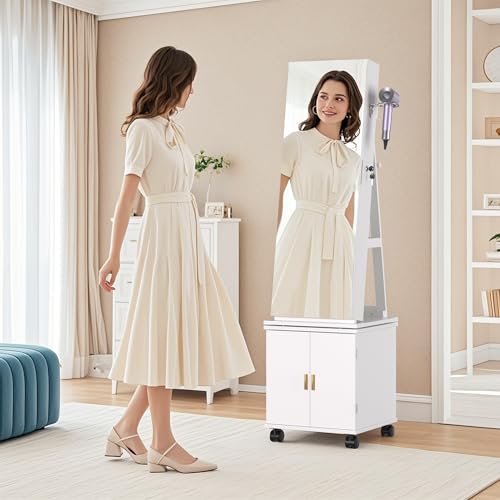 VECELO Jewelry Cabinet Standing Full Length Mirror with Interior LED Lights, 360° Swivel Lockable Jewelry Armoire with Bottom Cabinet Back Storage Shelf and Four Wheels, White VECELO