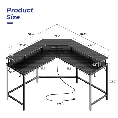 Huuger L Shaped Gaming Desk with Power Outlets & LED Lights, Computer Desk with Monitor Shelves, Carbon Fiber Surface, Home Office Desk, Corner Gaming Desk with Hooks, Carbon Fiber Black Huuger