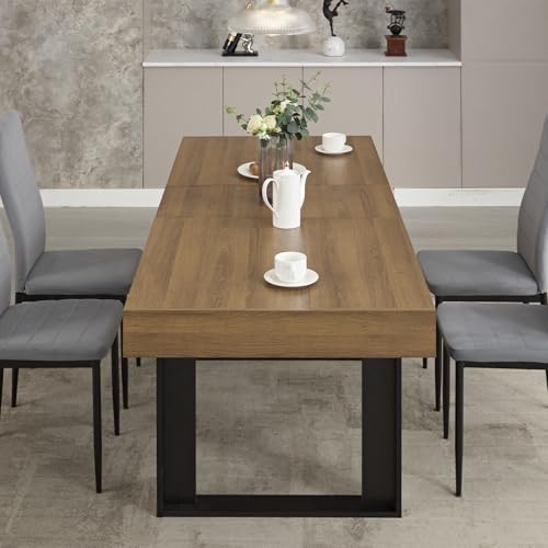 STHOUYN 63”-79” Extendable Dining Room Table, Modern Farmhouse Wooden Kitchen Table, Long Expandable Dining Table for 6 8 10, Large Expanding Tables Conference Tables (Walnut Brown) STHOUYN