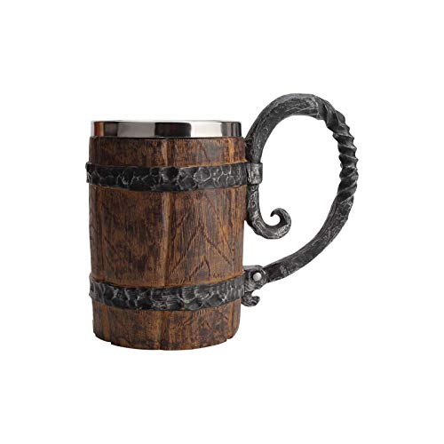Wooden-Barrel Beer Mug,650 ml Stainless Steel Cup,Bucket Shaped Drinkware With Handle,Wood Carving Beer Mug,for Bar Restaurant,Home, Laipi