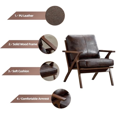 INZOY Mid-Century Modern Accent Chair with Wood Frame Set of 2, PU Leather Living Room Chair and Soft Thick Padded Armchair for Living Room Bedroom Reception with Removable Upholstered Cushions, Brown INZOY