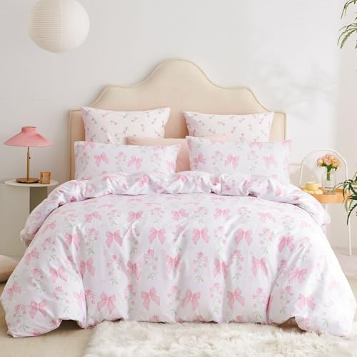 Jolusere Floral Duvet Cover Queen Pink Bow Bedding Set for Girls Kids, Princess Style Bowknot Flower Design, Coquette Duvet Cover Set 3 Pieces, 2 Pillowcases, 100% Microfiber Jolusere