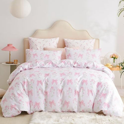 Jolusere Floral Duvet Cover Queen Pink Bow Bedding Set for Girls Kids, Princess Style Bowknot Flower Design, Coquette Duvet Cover Set 3 Pieces, 2 Pillowcases, 100% Microfiber