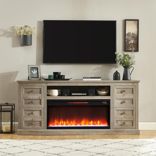 Unineo 70'' Fireplace TV Stand for up to 80'' Tvs with Drawer, Large Storage Tv Console Cabinet w/ 36'' Electric Fireplace, Media Entertainment Center for Living Room/Bedroom, Light Rustic Oak Unineo