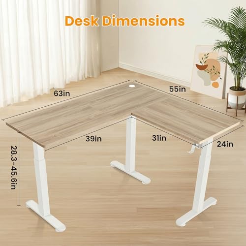 farexon 63x55 Inch L Shaped Standing Desk, Electric Adjustable Height Stand Up Desk, Corner sit Stand Desk with 39x18 in Mouse Pad, Hook, Home Office Writing Gaming Computer Workstation, Oak Grey farexon