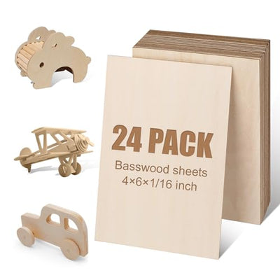 24Pack Basswood Sheets 4x6x1/16 Inch, Basswood for Laser Cutting & Engraving, Thin Plywood Wood Sheets Unfinished Wood for Crafts, DIY Architectural Models, Wood Burning and Painting.