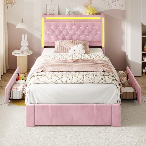 HAUOMS Twin Bed Frame with 3 Drawers, Storage Headboard with Charging Station & LED Lights, Velvet Upholstered Twin Size Girl Bed with Heavy Duty Metal Slats, No Box Spring Needed, Noise Free, Pink HAUOMS