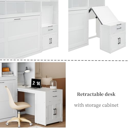 Merax 90.4"H Twin Size Murphy Bed Cabinet With Built-in Desk, Storage Closet, Drawers & Shelves, Wood Foldable Hidden Wall Platform Bedframe For Home, Bedroom, Small Room, Apartment, Reversible, White Merax