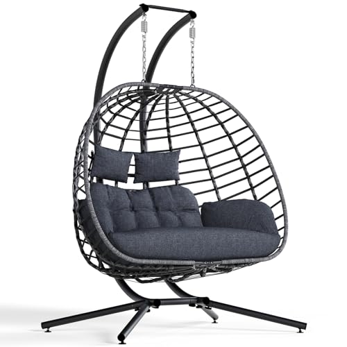 SWITTE Double Egg Swing Chair with Stand, Outdoor Patio 2 Person Hanging Wicker Hammock Chairs with Cushion for Indoor Bedroom, Lawn, Garden-Dark Grey SWITTE