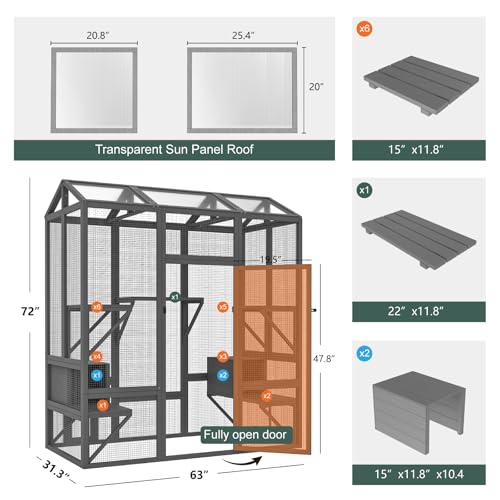 TIMHAKA 72 inch Catio Outdoor Cat Enclosure, Large Cat Catio for Multiple Cats, Outdoor Cats Enclosure with Waterproof Cover, Sunshine Roof, 7 Platforms, 2 Resting Boxes, Wooden Indoor Pet Cage, Grey TIMHAKA